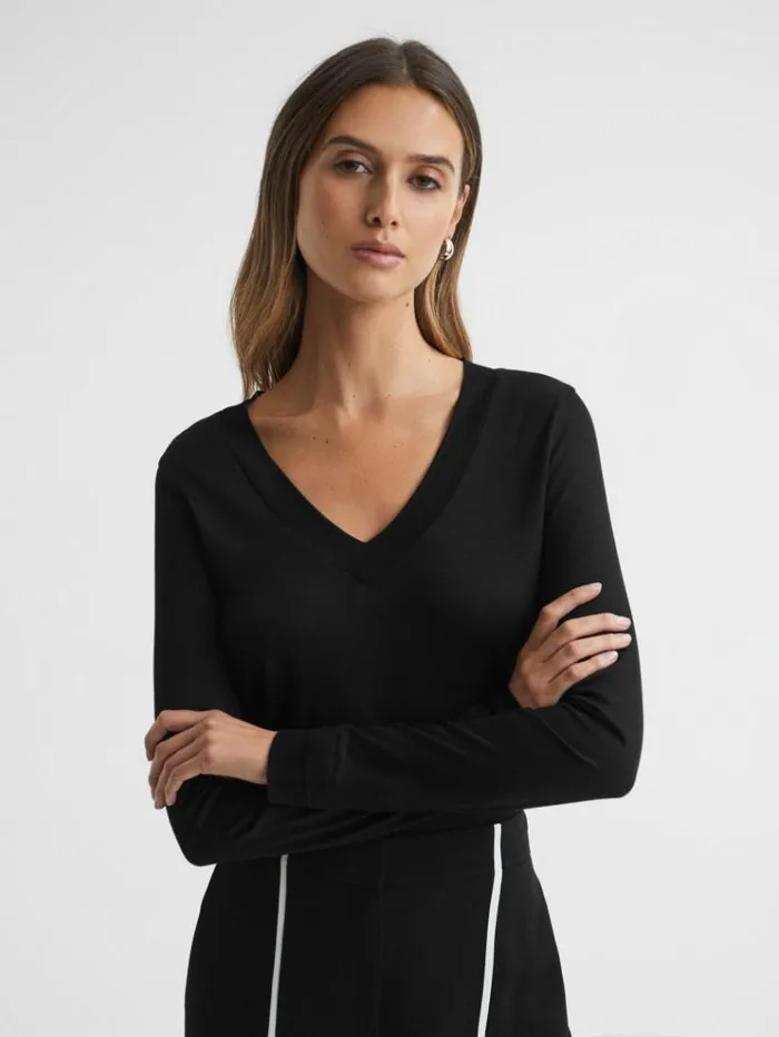 REISS Tops Women Jersey VNeck Top Black