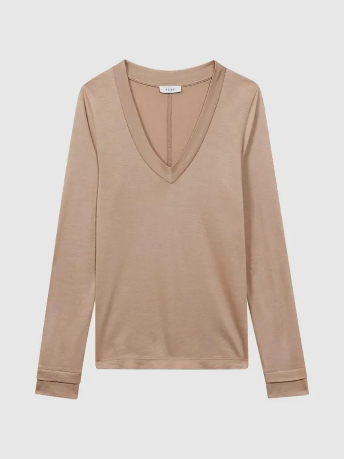 REISS Tops Women Jersey VNeck Top Camel
