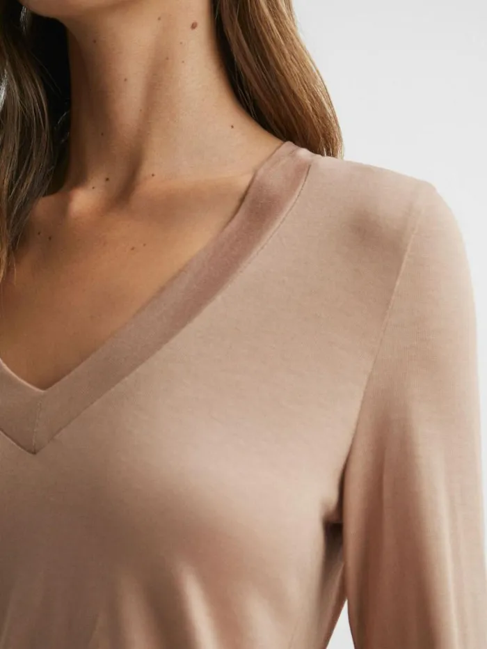 REISS Tops Women Jersey VNeck Top Camel