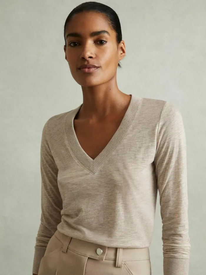 REISS Tops Women Lyocell Wool Marled VNeck Top Stone