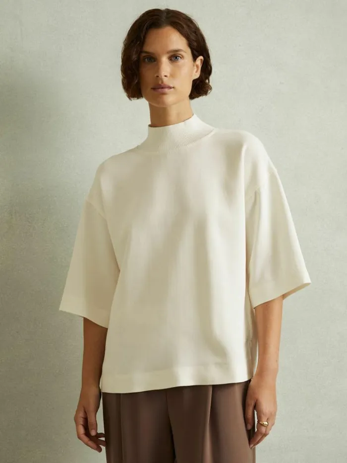 REISS Tops Women Oversized Rib Neck TShirt Ivory