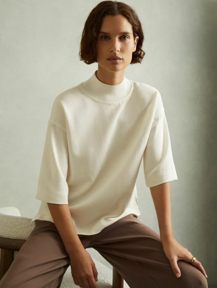REISS Tops Women Oversized Rib Neck TShirt Ivory