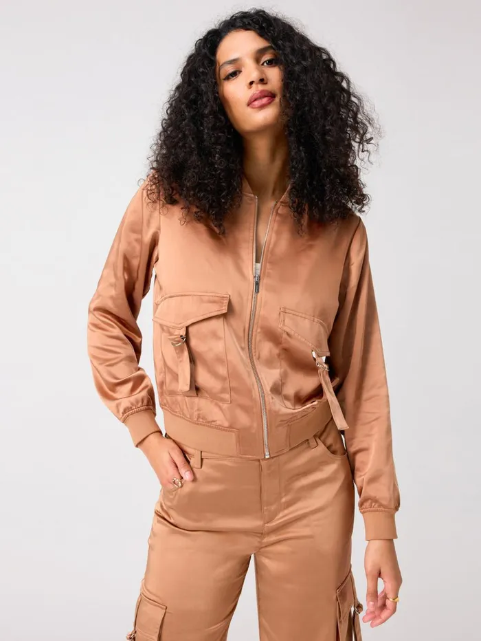 Sanctuary Clothing Jackets and Outerwear Women Silky Utility Bomber Jacket Mocha Mousse Sanctuary Clothing Jackets and Outerwear Women Silky Utility Bomber Jacket Mocha Mousse