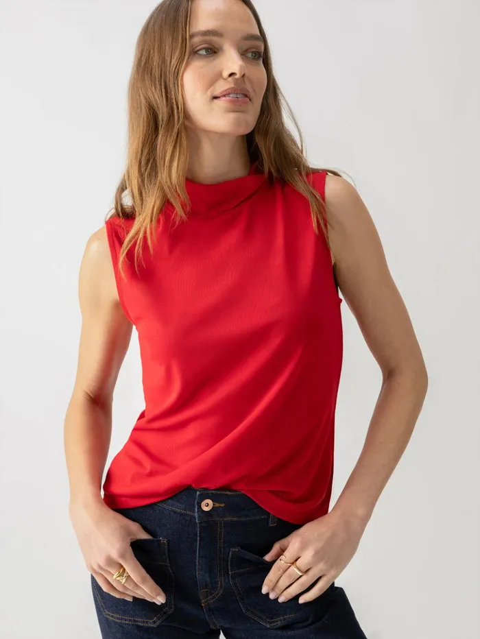 Sanctuary Clothing Tees and Tops Women Shirred Neck Mesh Tank Cherry Red
