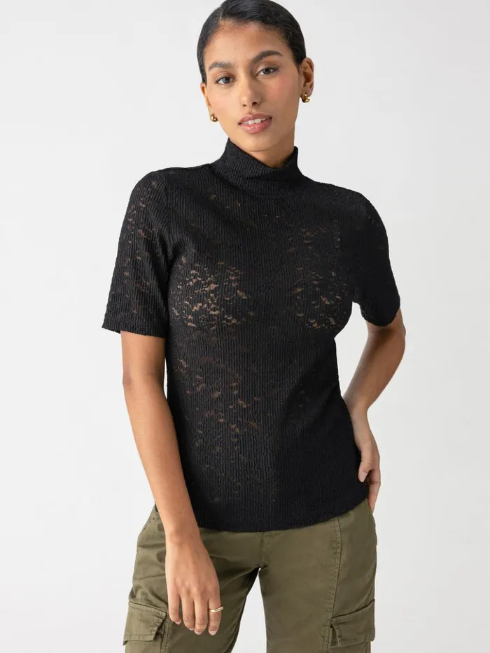 Sanctuary Clothing Tees and Tops Women Short Sleeve Lace Mock Neck Tee Black