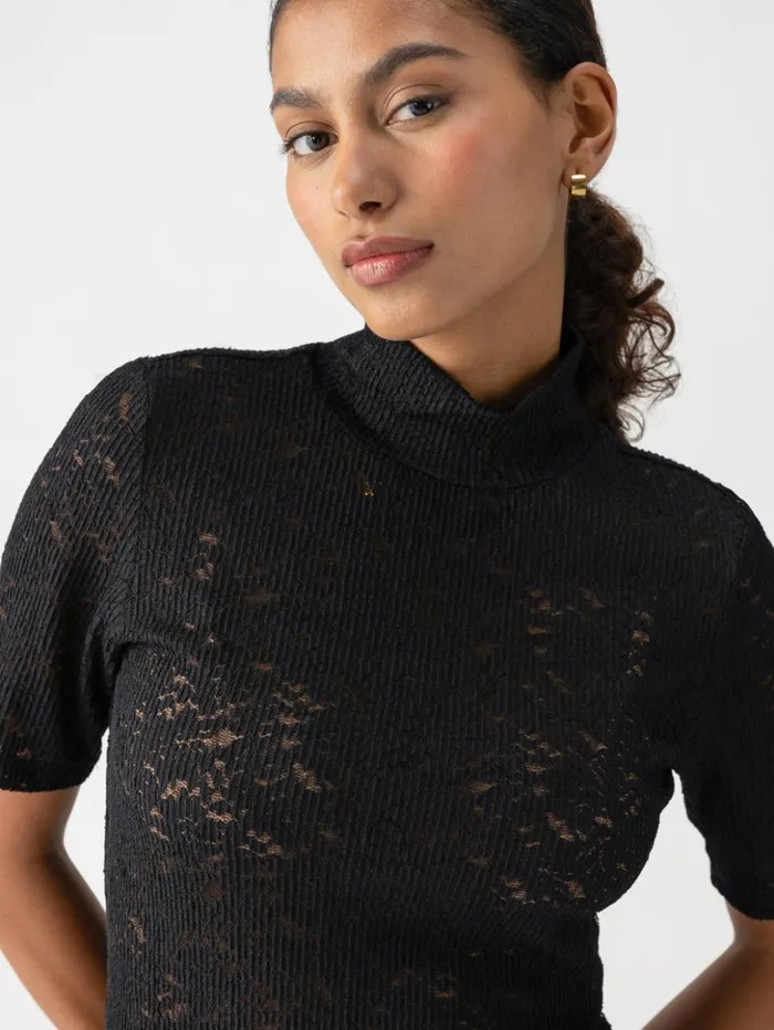 Sanctuary Clothing Tees and Tops Women Short Sleeve Lace Mock Neck Tee Black Sanctuary Clothing Tees and Tops Women Short Sleeve Lace Mock Neck Tee Black