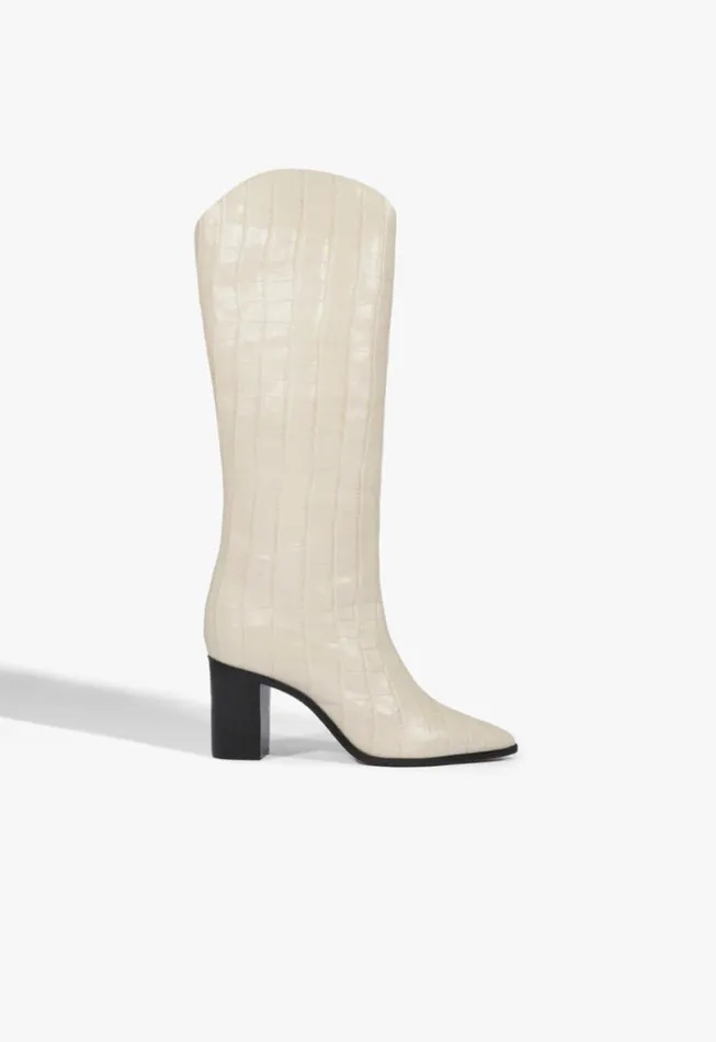 Schutz Shoes Boots Maryana Block CrocodileEmbossed Leather Boot Eggshell 8211 Women