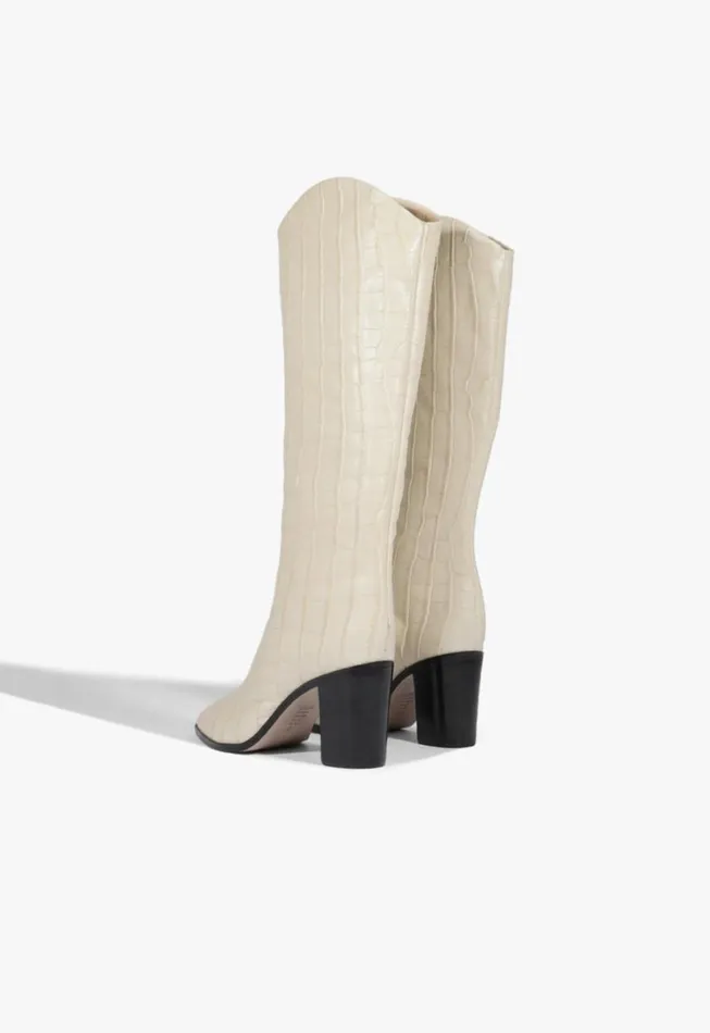 Schutz Shoes Boots Maryana Block CrocodileEmbossed Leather Boot Eggshell 8211 Women
