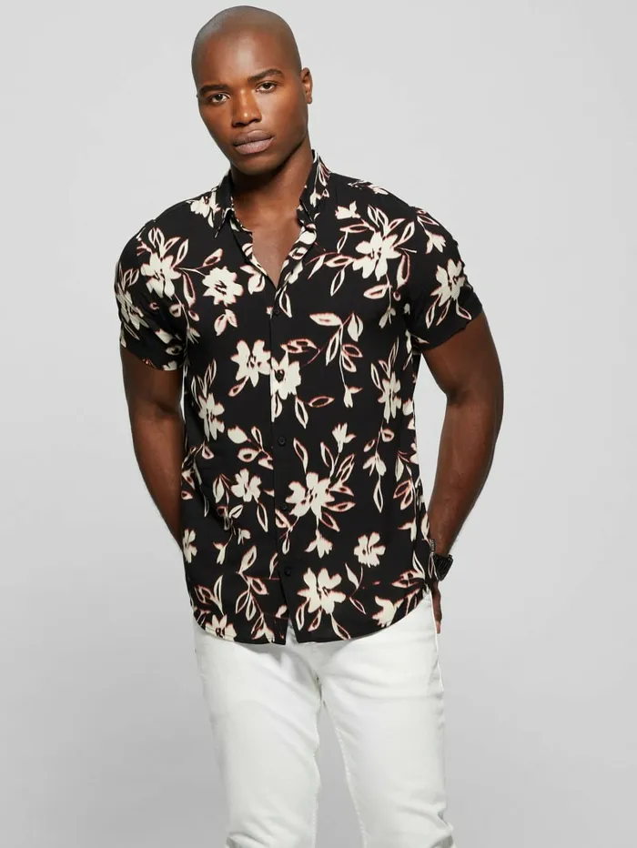 Shirts GUESS Men Eco Ikat Floral ShortSleeve Shirt Floral Ikat Black Shirts GUESS Men Eco Ikat Floral ShortSleeve Shirt Floral Ikat Black