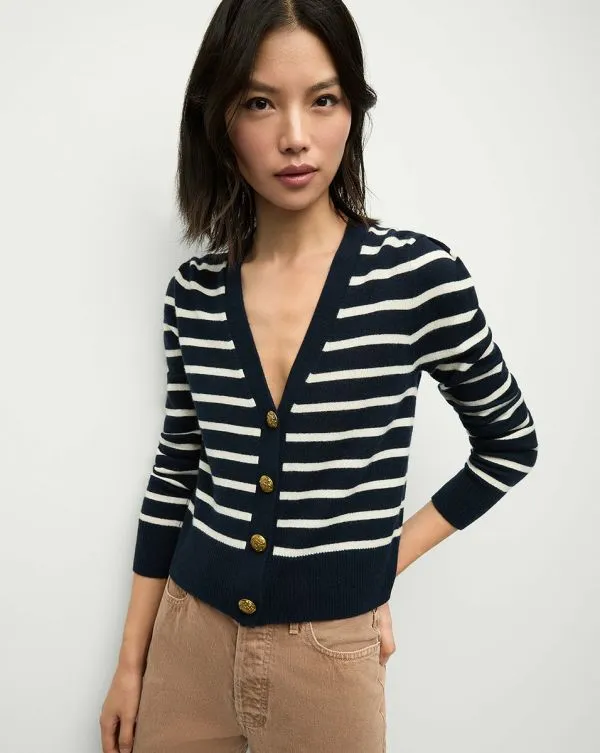 Solene Striped Cashmere Cardigan Navyandivory Women Veronica Beard Sweaters