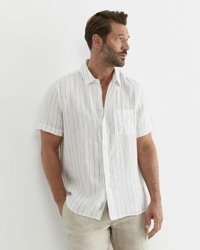 Sportscraft Alan Short Sleeve Linen Shirt Whitemulti Men Shirts