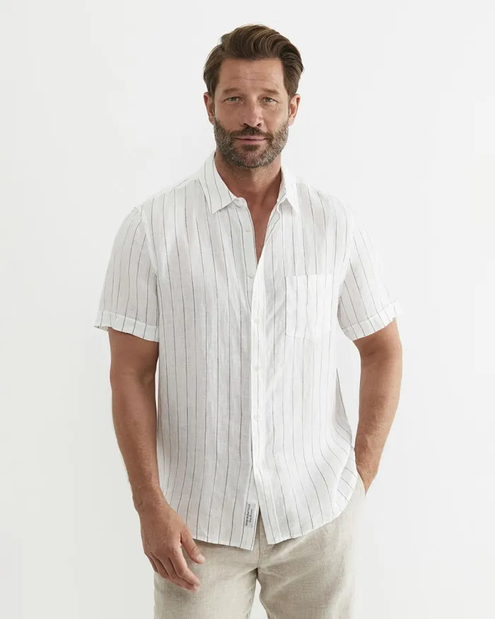 Sportscraft Alan Short Sleeve Linen Shirt Whitemulti Men Shirts