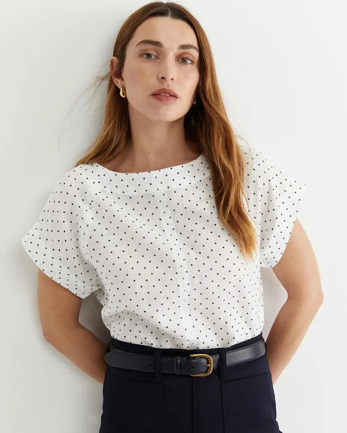 Sportscraft Allegra Spot Linen Top Whitenavy Women Tops and Tees