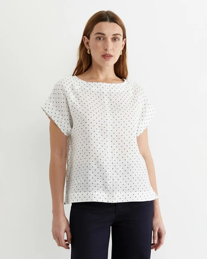 Sportscraft Allegra Spot Linen Top Whitenavy Women Tops and Tees