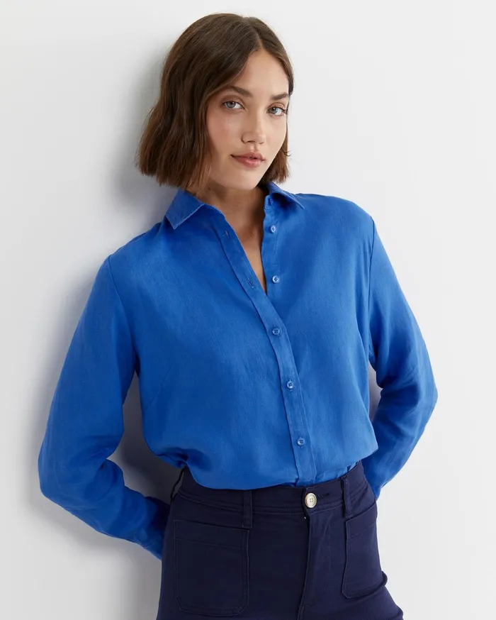 Sportscraft Dahlia Long Sleeve Linen Shirt Cerulean Women Shirts