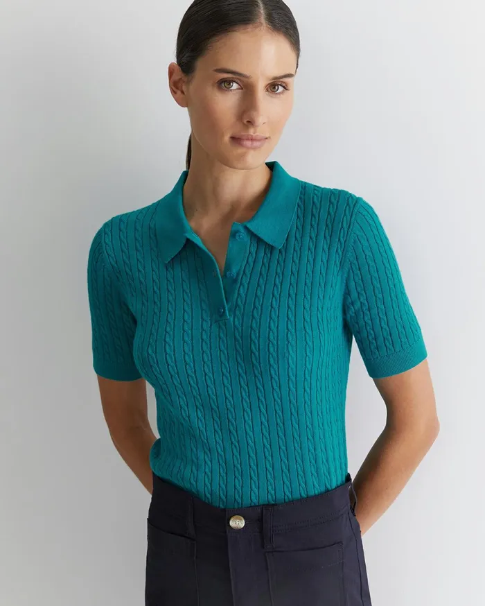 Sportscraft Elka Cable Polo Light Teal Women Tops and Tees