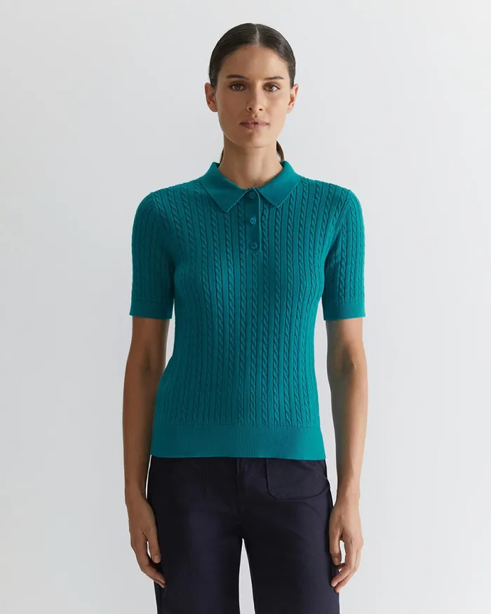 Sportscraft Elka Cable Polo Light Teal Women Tops and Tees