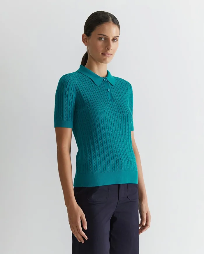 Sportscraft Elka Cable Polo Light Teal Women Tops and Tees