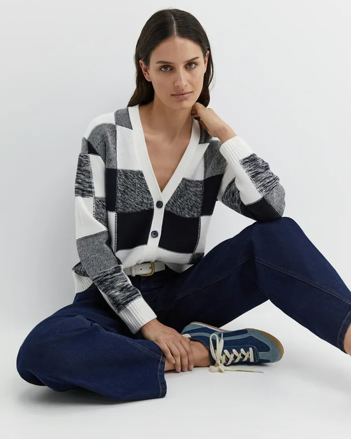 Sportscraft Elka Check Cardigan Navywhite Women Knits and Cardigans