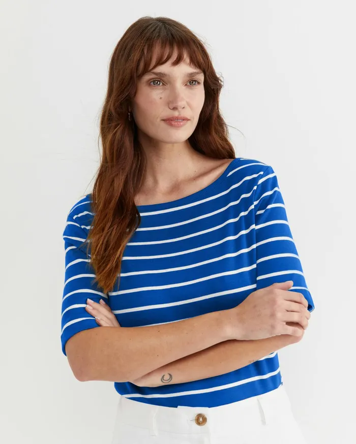 Sportscraft Heidi Boat Neck Half Sleeve Tee Bluewhite Women Tops and Tees