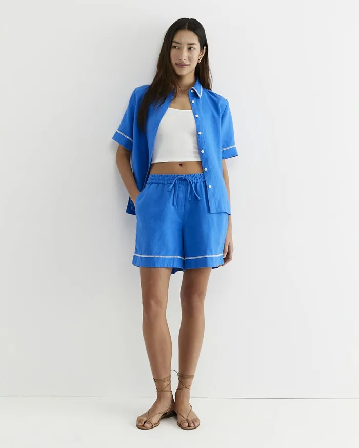 Sportscraft Lulu Blanket Stitch Linen Short Peacock Women Shorts
