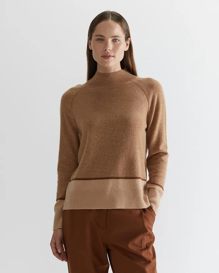 Sportscraft Sunshine Colour Block Wool Sweater Camel Marl Women Knits and Cardigans