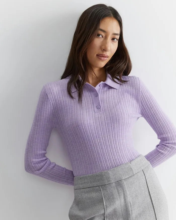 Sportscraft Wool Silk Polo Lavender Women Knits and Cardigans