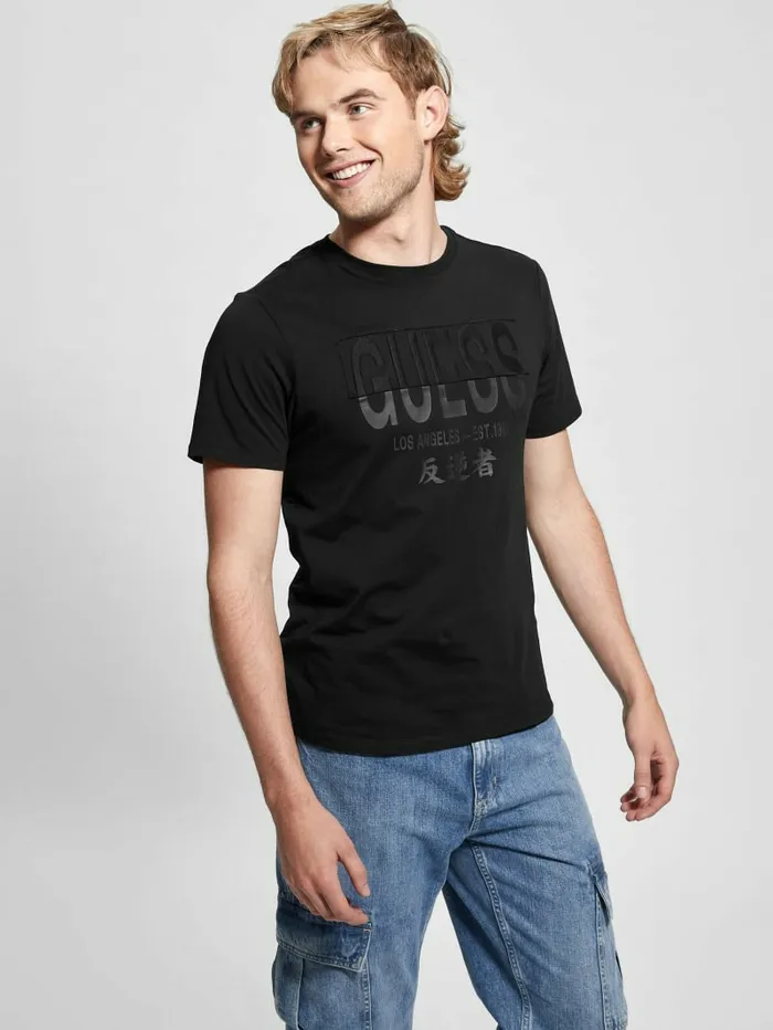 TShirts and Tanks GUESS Men Signature Split Applique Tee Jet Black Multi