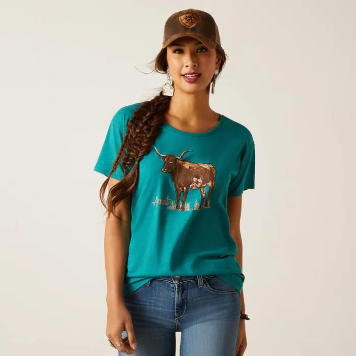 TShirts and Tops Women Ariat Ariat Longhorn Watercolor TShirt Teal Green Heather TShirts and Tops Women Ariat Ariat Longhorn Watercolor TShirt Teal Green Heather