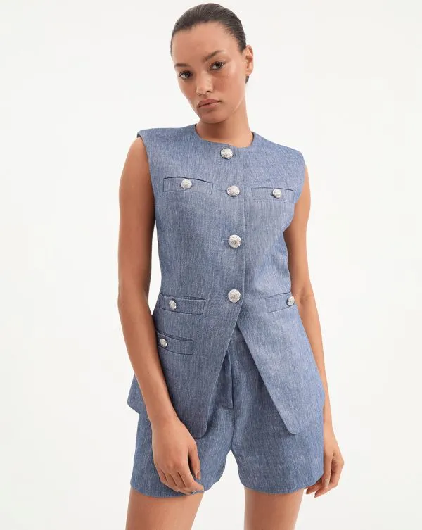Tamara Linen Vest Blue Melange Women Veronica Beard Jackets and Outerwear