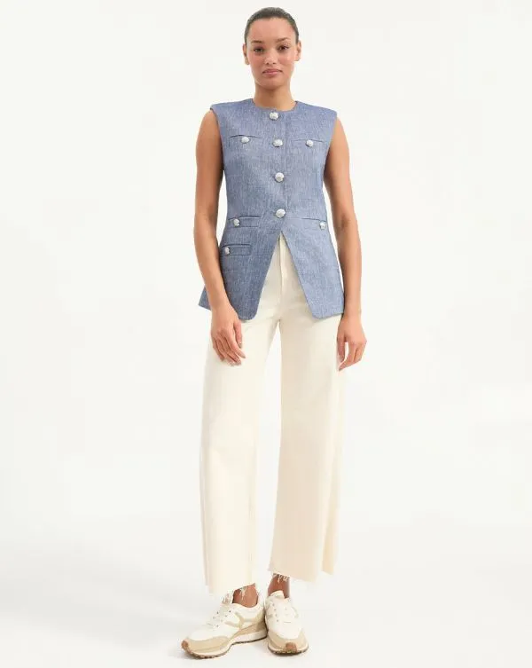 Tamara Linen Vest Blue Melange Women Veronica Beard Jackets and Outerwear Tamara Linen Vest Blue Melange Women Veronica Beard Jackets and Outerwear