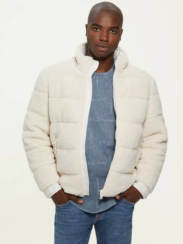 Teddy Puffer Jacket Muted Stone Jackets and Coats GUESS Men