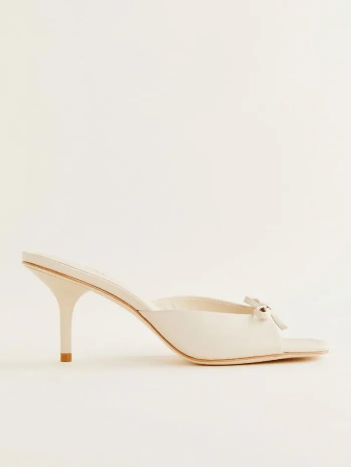 The Reformation Clementine Heeled Mule Sandal Almond Leather 8211 WeddingsShoes