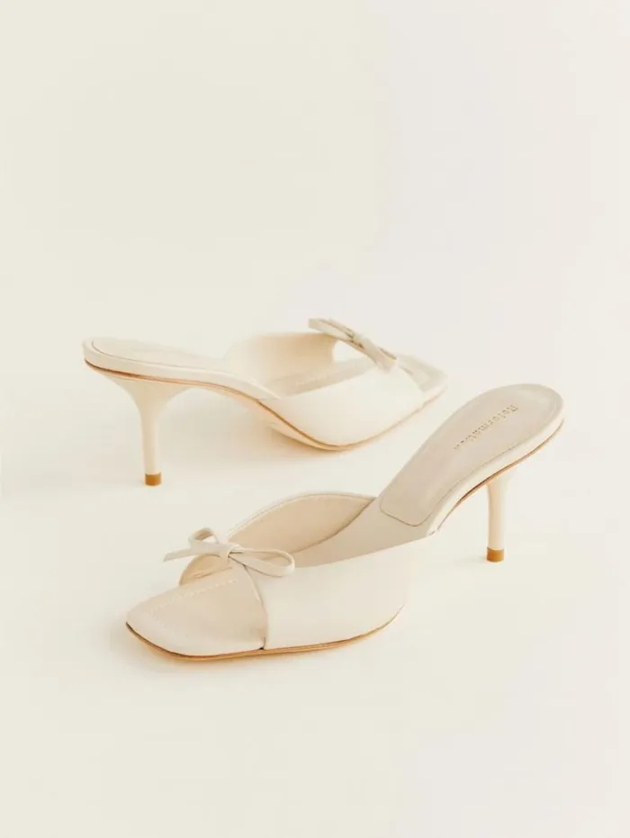 The Reformation Clementine Heeled Mule Sandal Almond Leather 8211 WeddingsShoes