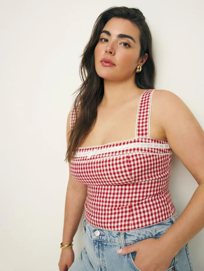 The Reformation Eloise Linen Top Tomato Check 8211 Clothing