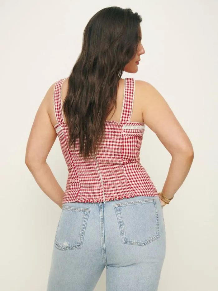 The Reformation Eloise Linen Top Tomato Check 8211 Clothing