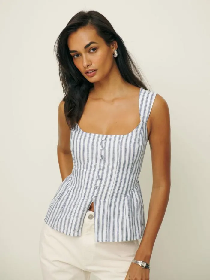 The Reformation Evie Linen Top Antibes Stripe 8211 Clothing