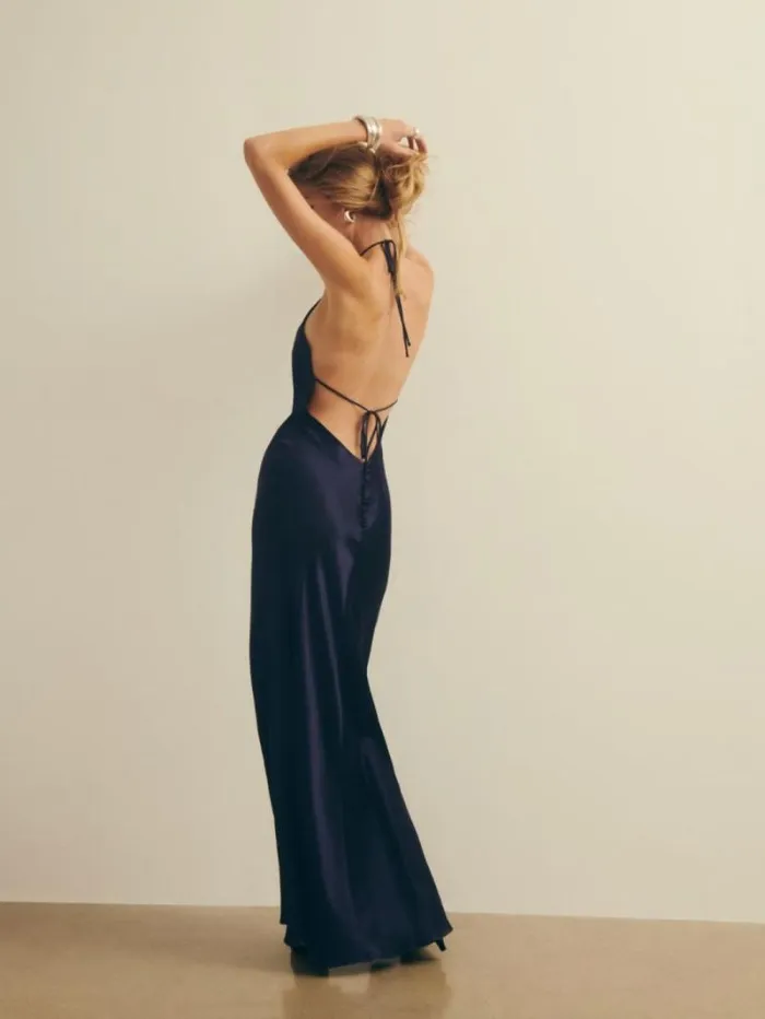 The Reformation Jeany Silk Dress Navy 8211 ClothingWeddings