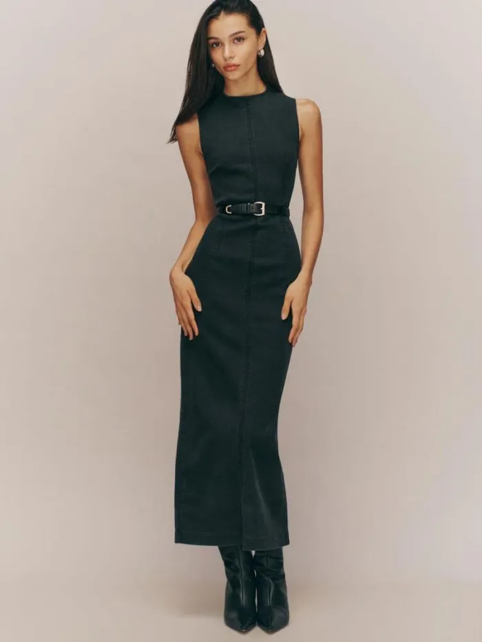 The Reformation Kendi Denim Midi Dress Washed Black 8211 Clothing