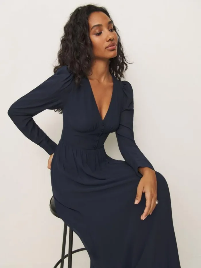 The Reformation Liara Dress Navy 8211 Clothing