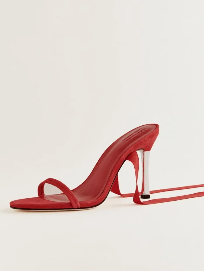 The Reformation Louisada Strappy Sandal Lipstick Suede 8211 WeddingsShoes