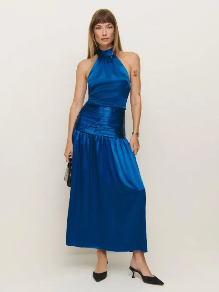 The Reformation Petites Zaria Silk Dress Pacific Ocean 8211 Clothing