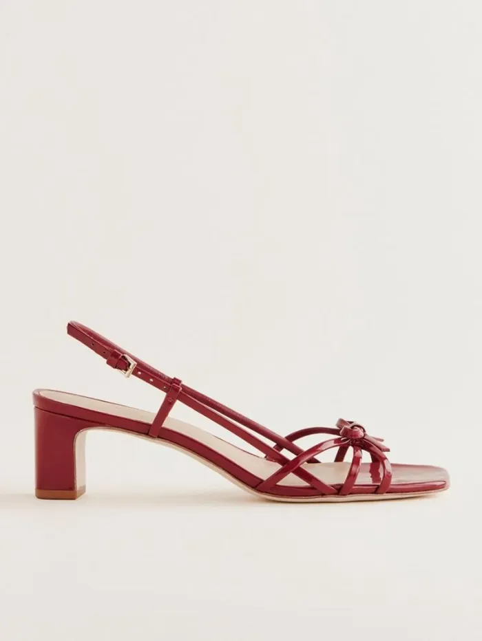 The Reformation Sally Bow Heeled Sandal Scarlet Patent 8211 WeddingsShoes