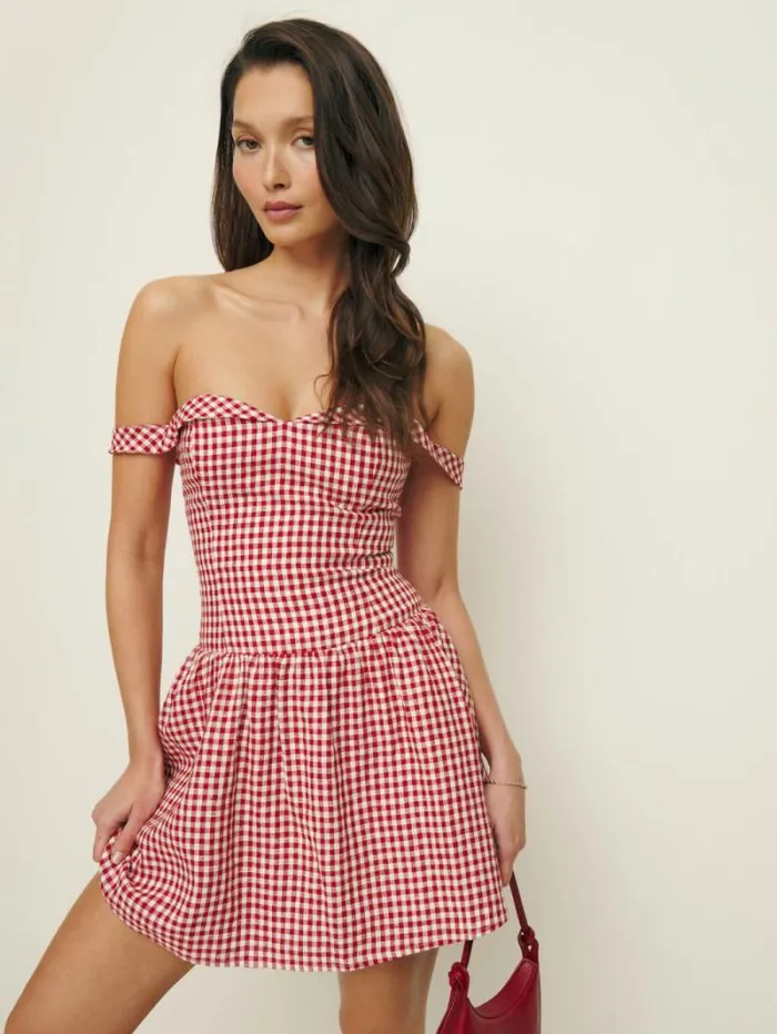 The Reformation Sora Linen Dress Tomato Check 8211 Clothing