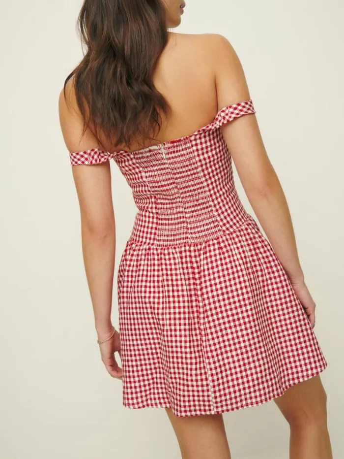 The Reformation Sora Linen Dress Tomato Check 8211 Clothing