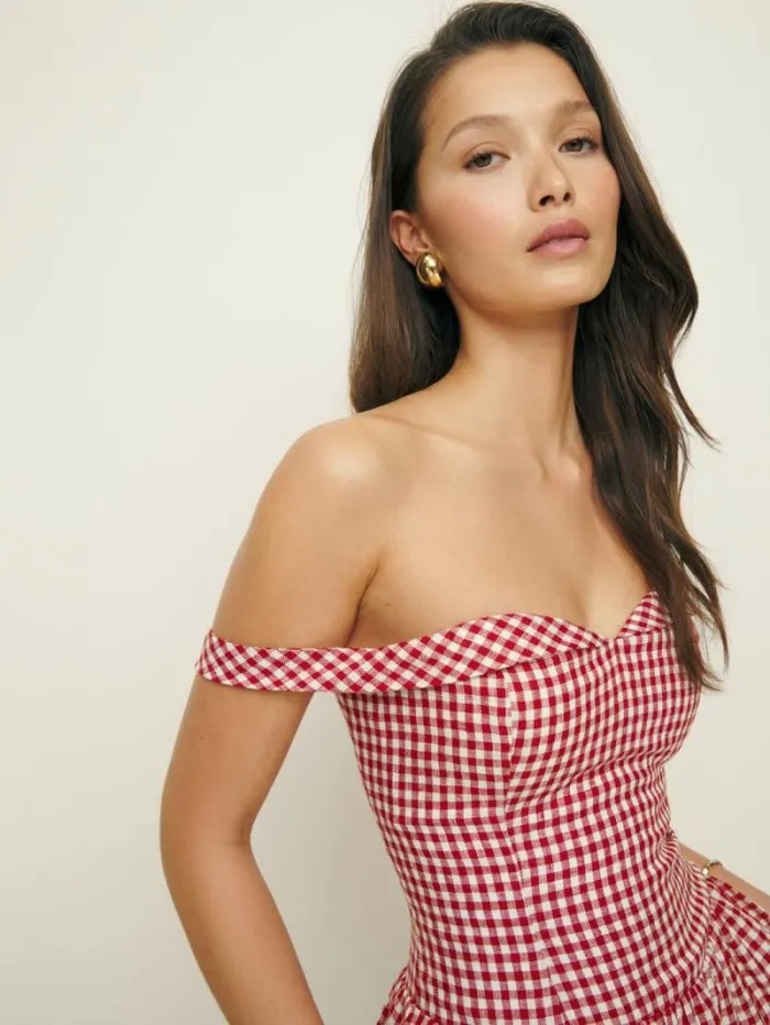 The Reformation Sora Linen Dress Tomato Check 8211 Clothing
