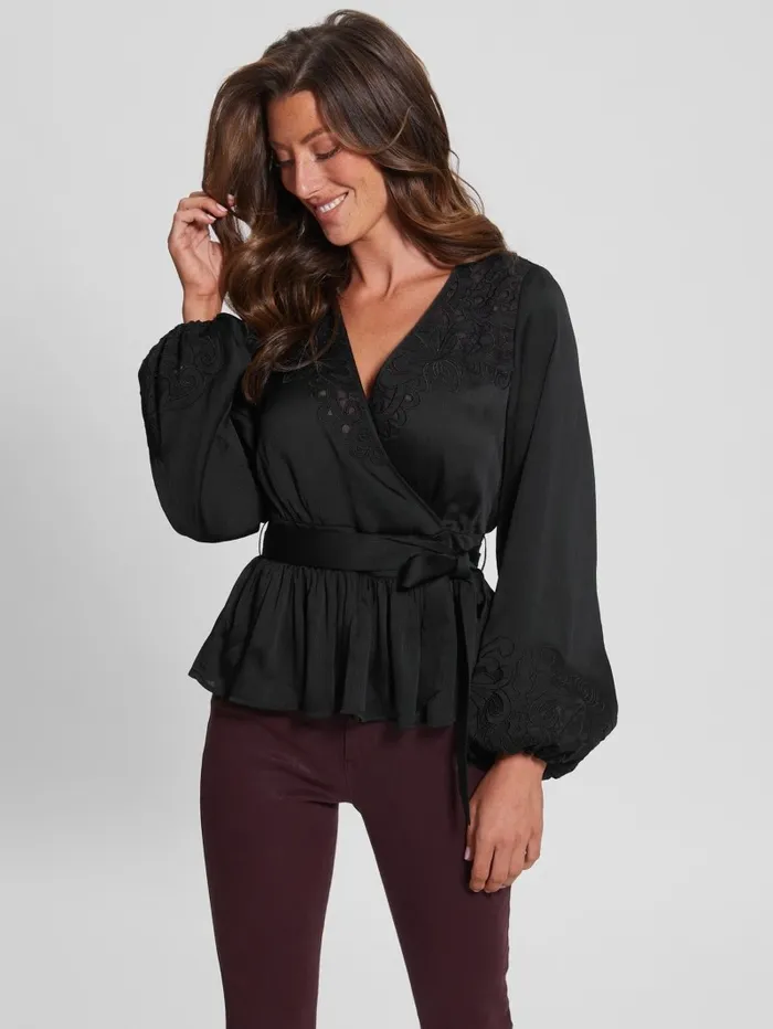 Tops Eco Adora Wrap Top Black 8211 GUESS Women Tops Eco Adora Wrap Top Black 8211 GUESS Women
