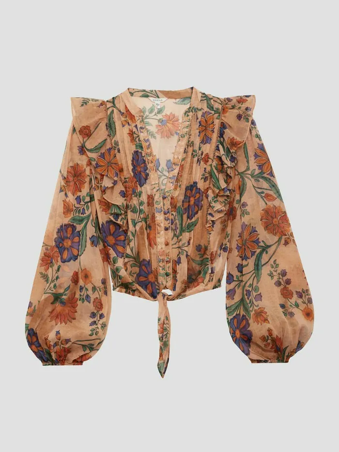 Tops Eco Dionne Chiffon TieFront Top Free Spirit Floral Print GUESS Women Tops Eco Dionne Chiffon TieFront Top Free Spirit Floral Print GUESS Women