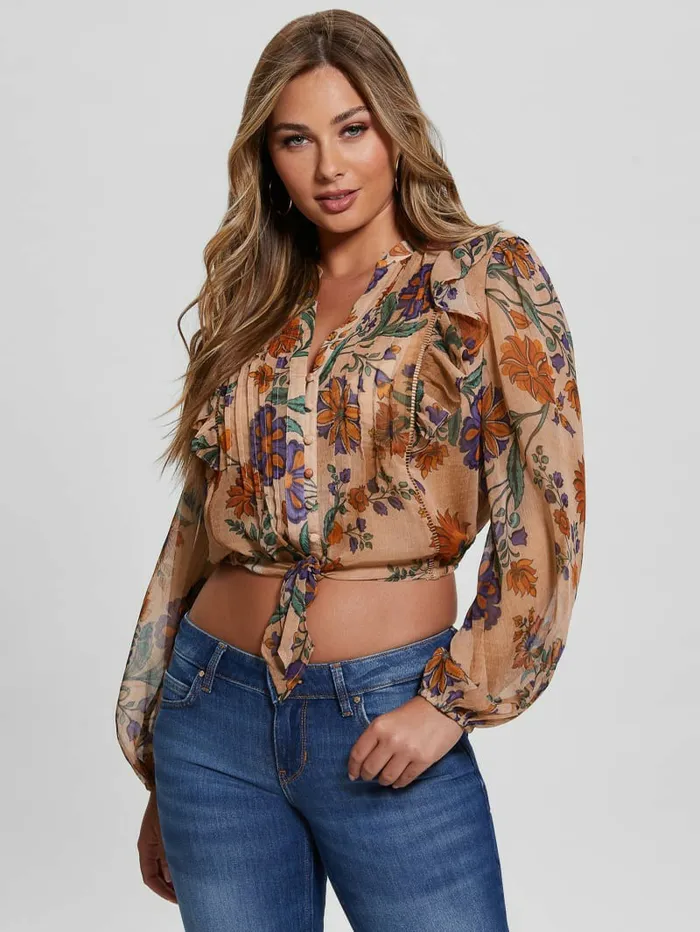 Tops Eco Dionne Chiffon TieFront Top Free Spirit Floral Print GUESS Women Tops Eco Dionne Chiffon TieFront Top Free Spirit Floral Print GUESS Women