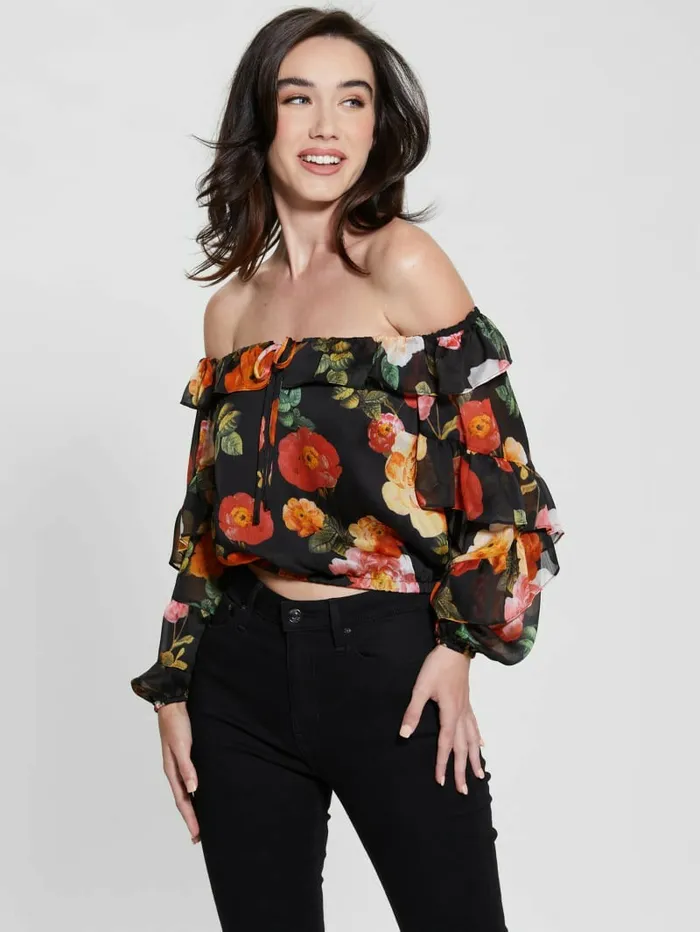 Tops Eco Shani OfftheShoulder Top Peony Charm Print Black GUESS Women